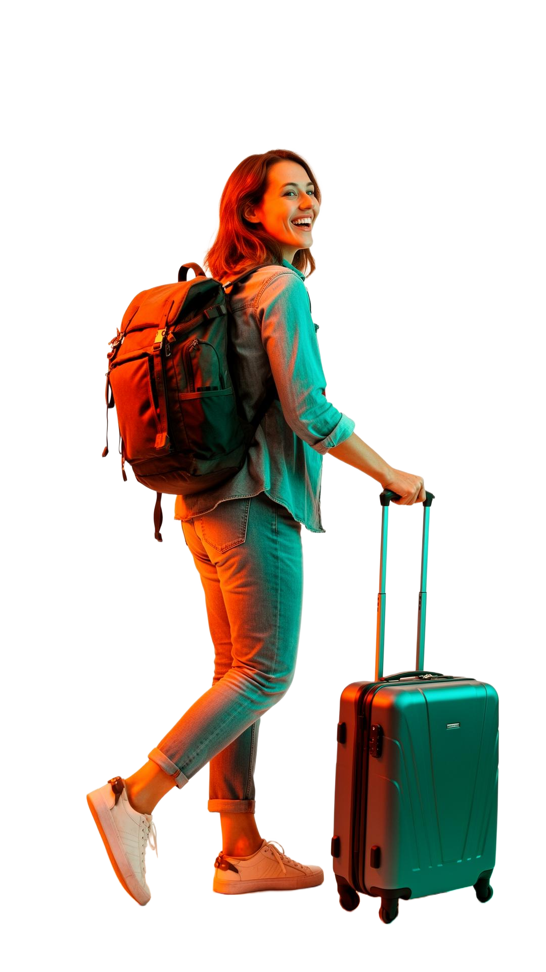 Happy traveler with suitcase enjoying hands-free exploration after storing luggage with BagsAway